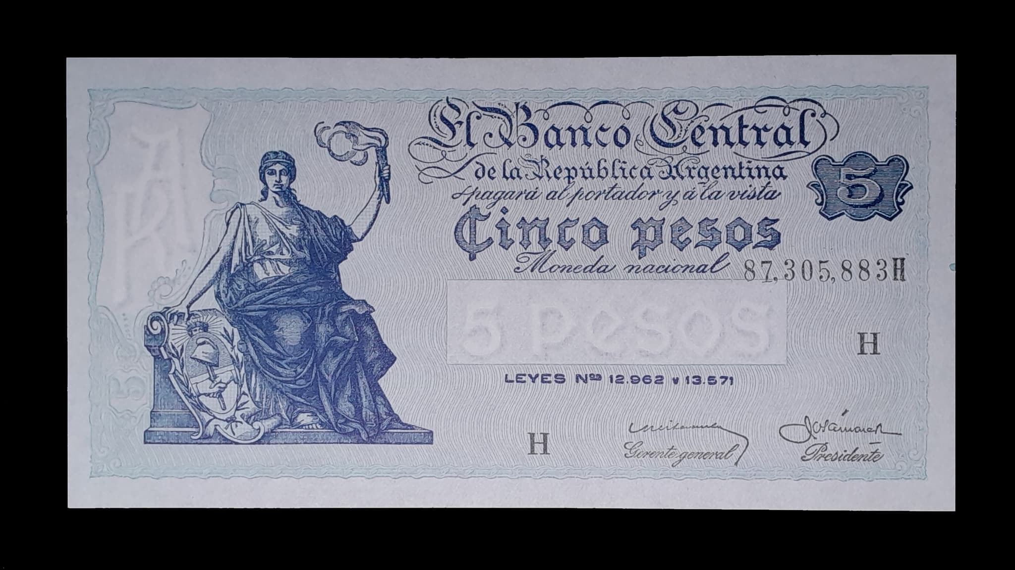 Argentina 5 Pesos Progreso 1959 Serie H SC Col. 431c