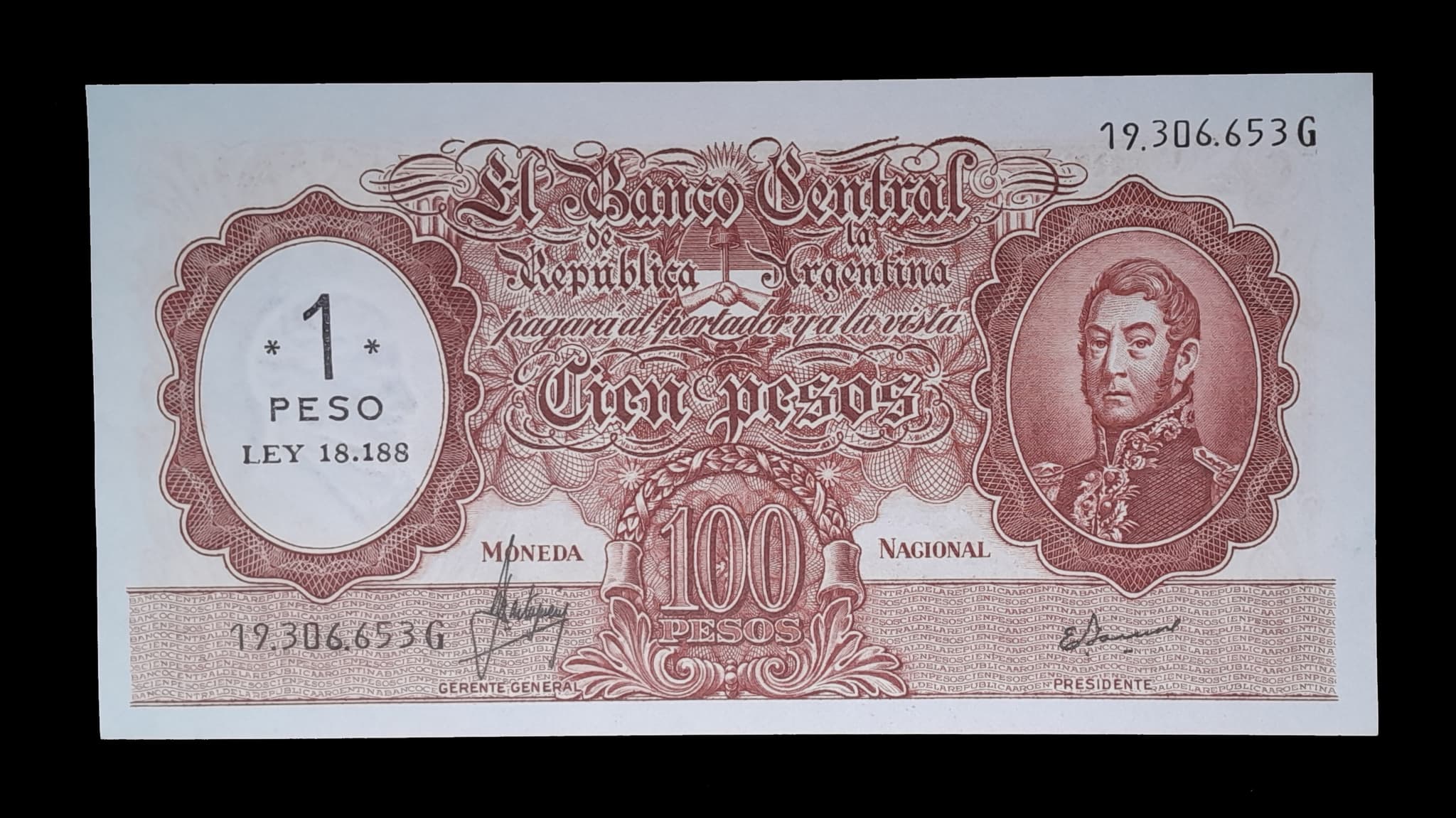 Argentina 1 Peso Ley S/100 Nac. 1971 Serie G SC Col. 551c