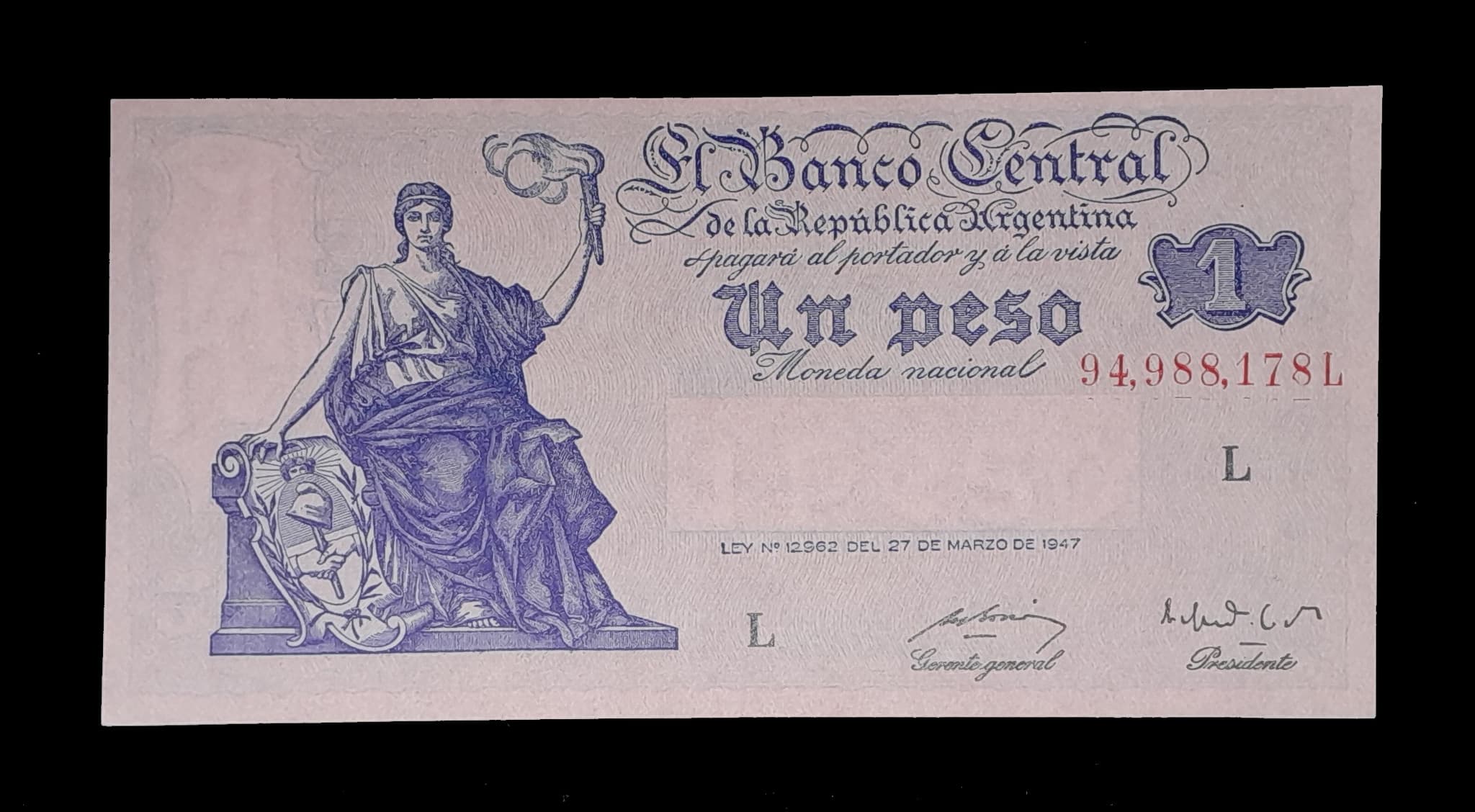Argentina 1 Peso Progreo 1949 Serie L Exc Col. 418a