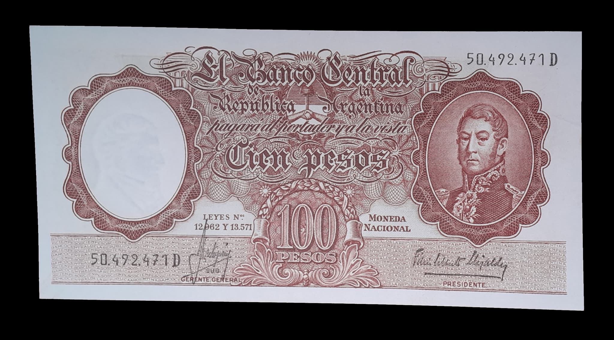 Argentina 100 Pesos Mon. Nac. 1965 Serie D SC Col. 501a
