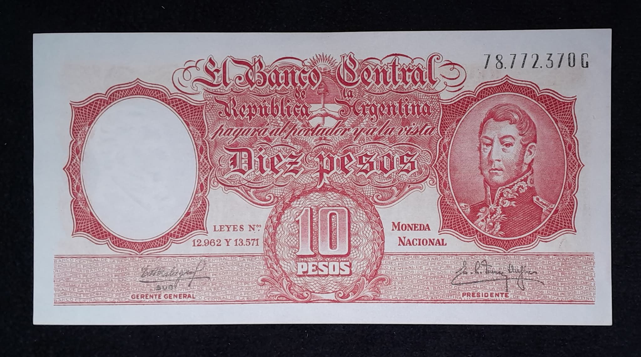 Argentina 10 Pesos Mon. Nac. 1962 Serie G Exc Col. 466b