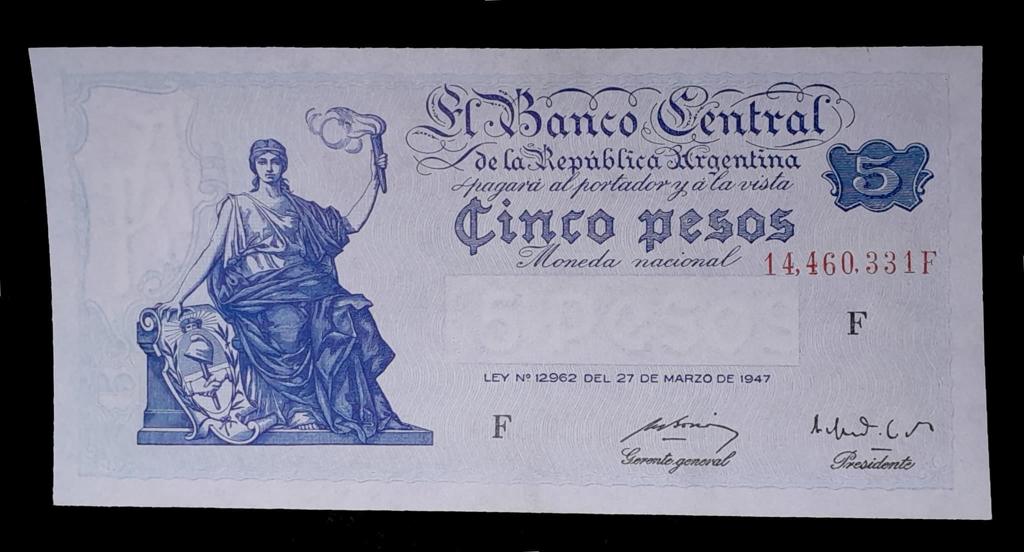 Argentina 5 Pesos Progreso 1949 Serie F SC Col. 425a