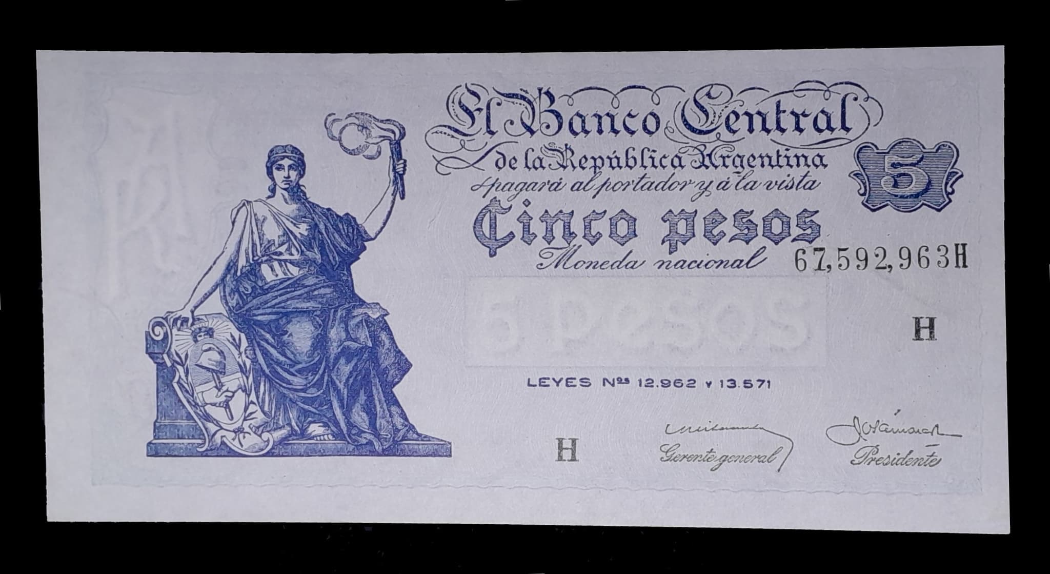 Argentina 5 Pesos Progreso 1958 Serie H SC Col. 431a