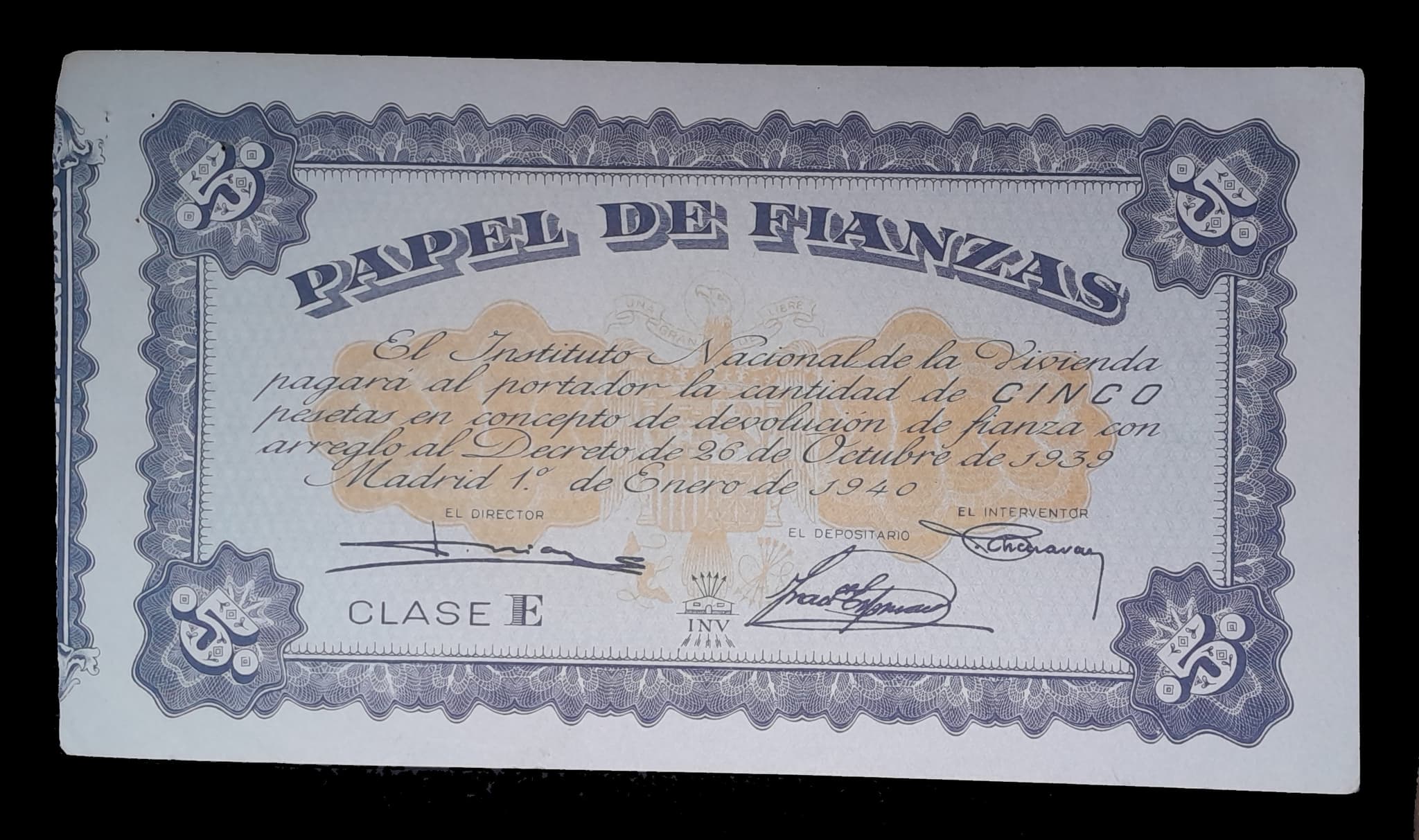 España Bono 5 Pesetas 1939 Instituto Nac. de la Vivienda