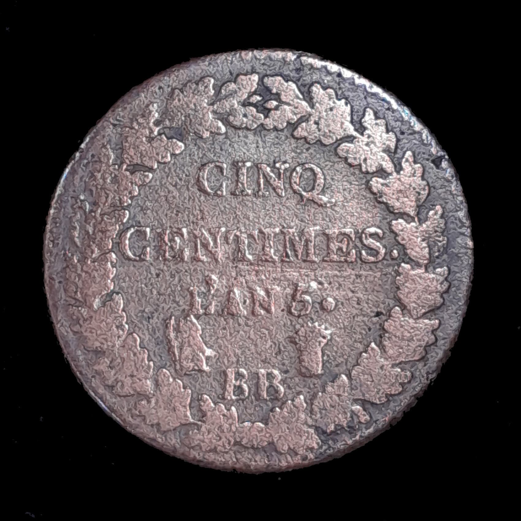Francia 5 Centimes Año 5 BB (1796) Bueno KM 640 Rev.