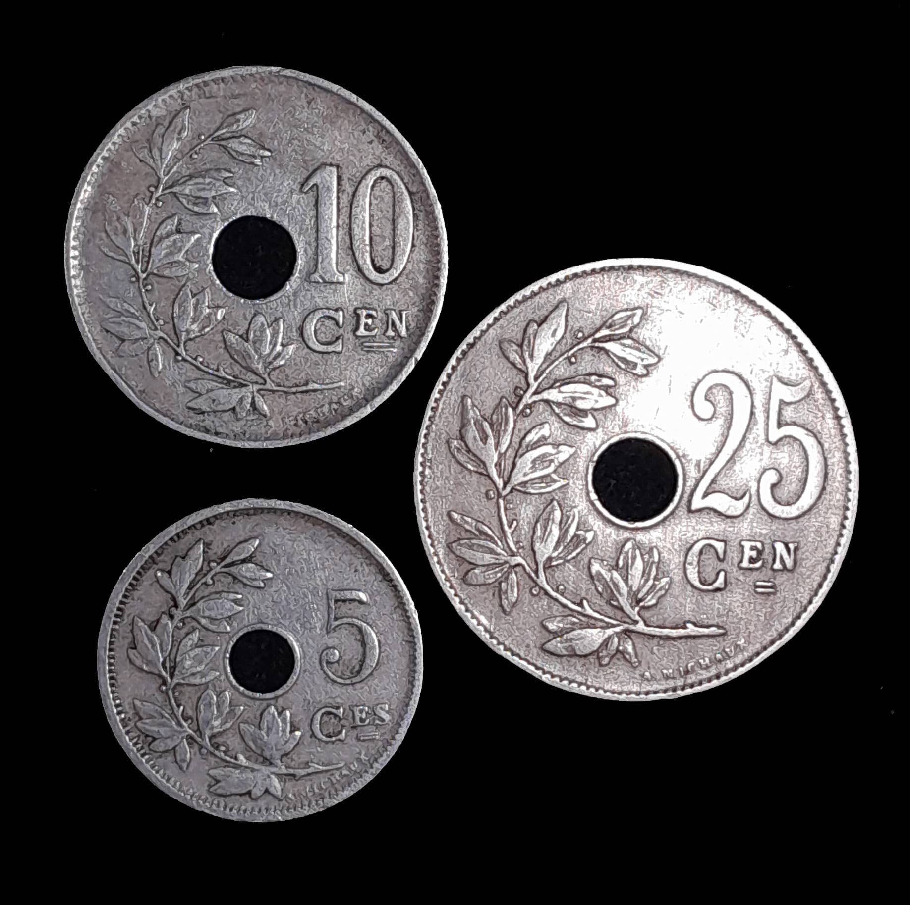 Bélgica 5, 10 y 25 Centimes 1910/1922 MB KM 66, 86 y 69