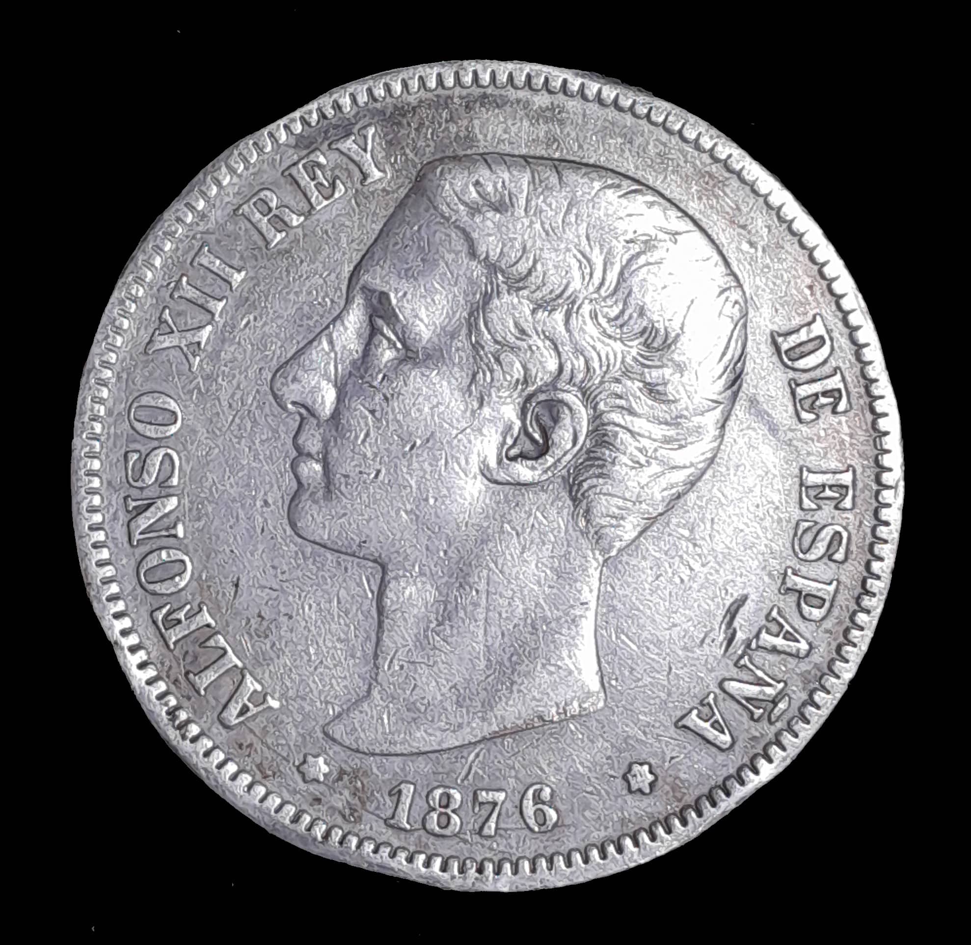 España 5 Pesetas 1876 (76) Bueno Plata KM 671 Alfonso XII