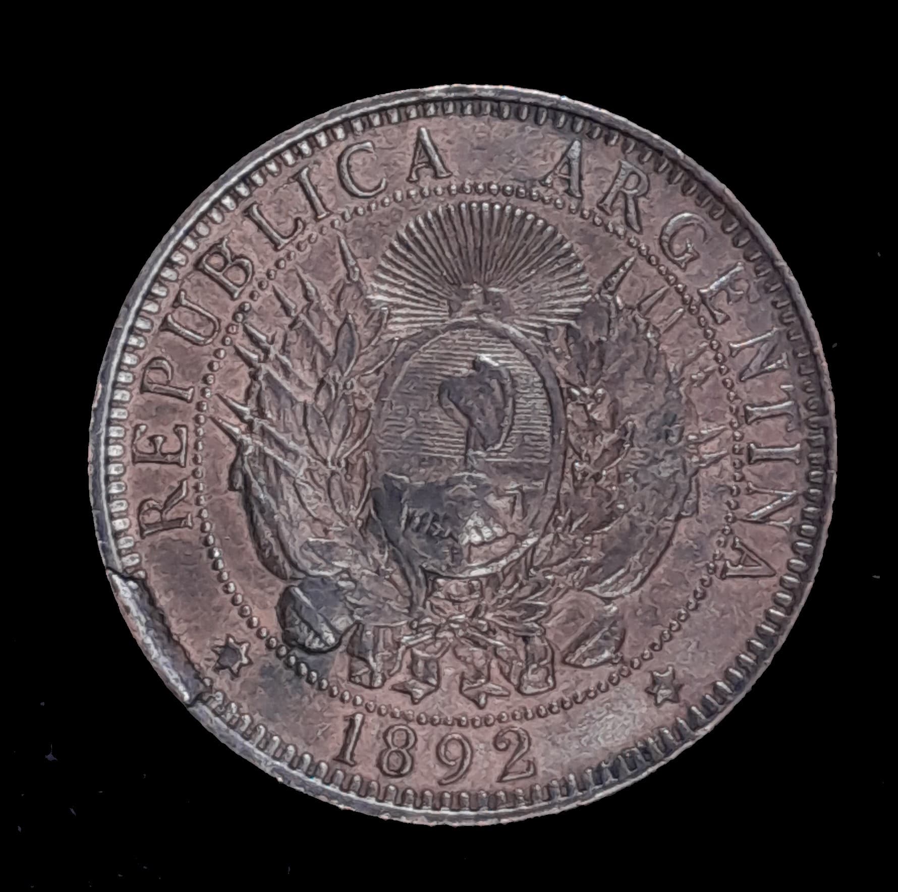 Argentina 2 Centavos 1892 Exc CJ 33.6 2 caído más separado
