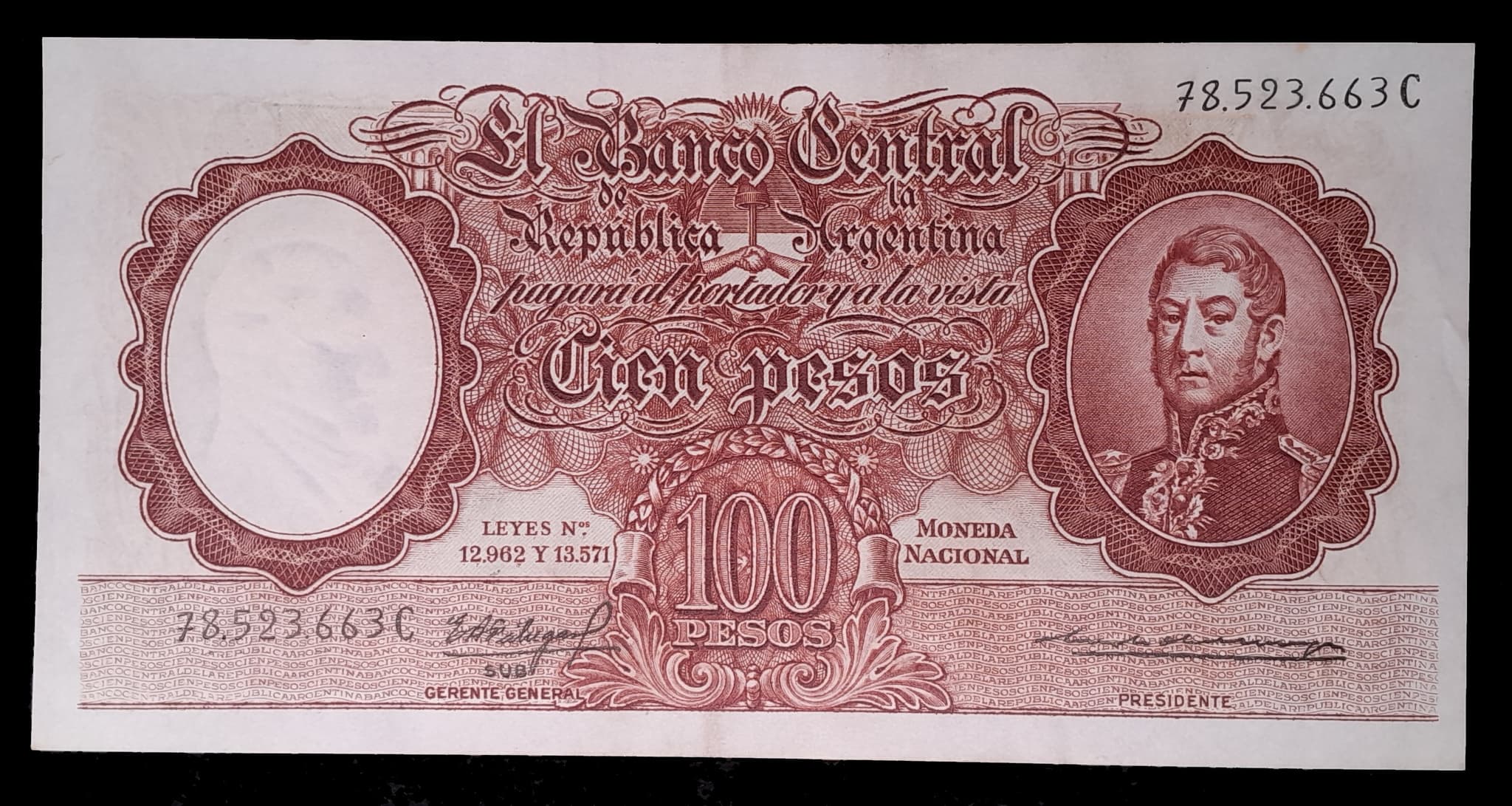 Argentina 100 Pesos Moneda Nac. Serie C 1963 Exc Col. 499a