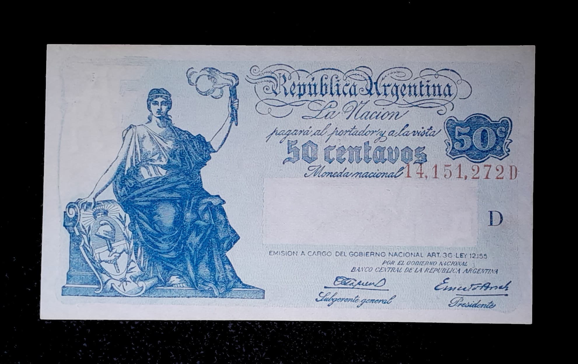 Argentina 50 Centavos Progreso 1944 Serie D SC Col. 403a