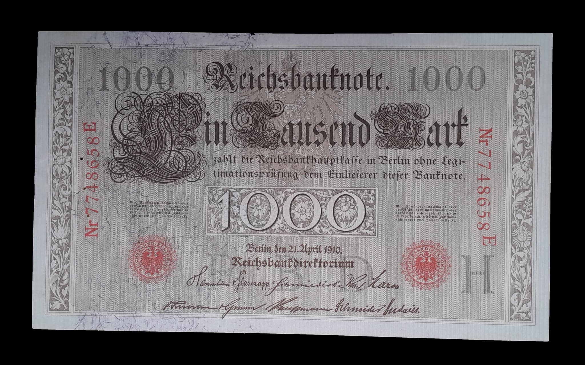 Alemania Billete 1000 Marcos 1910 MB Pick 44b 7 Cifras Rojas