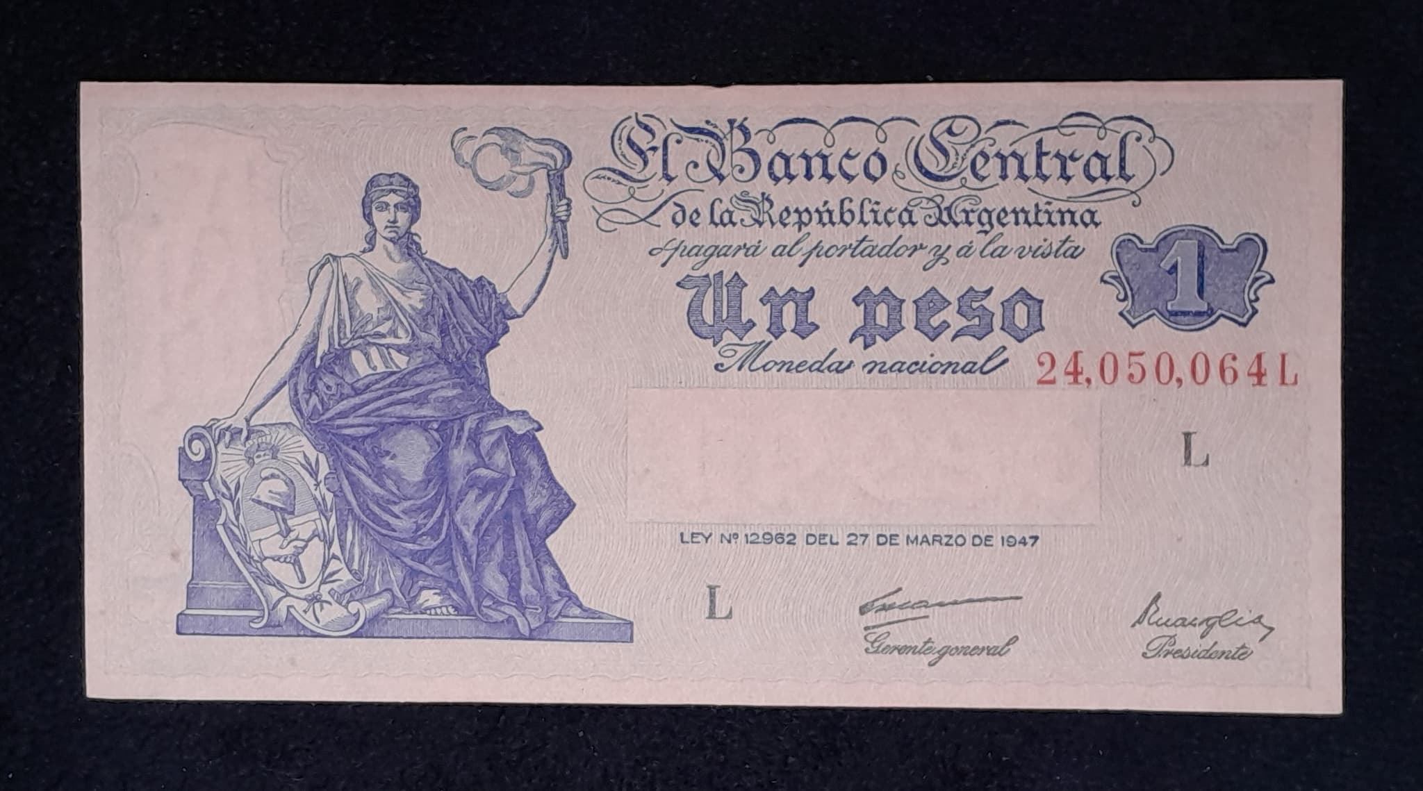 Argentina 1 Peso Progreso 1948 Serie L Excelente Col. 417a