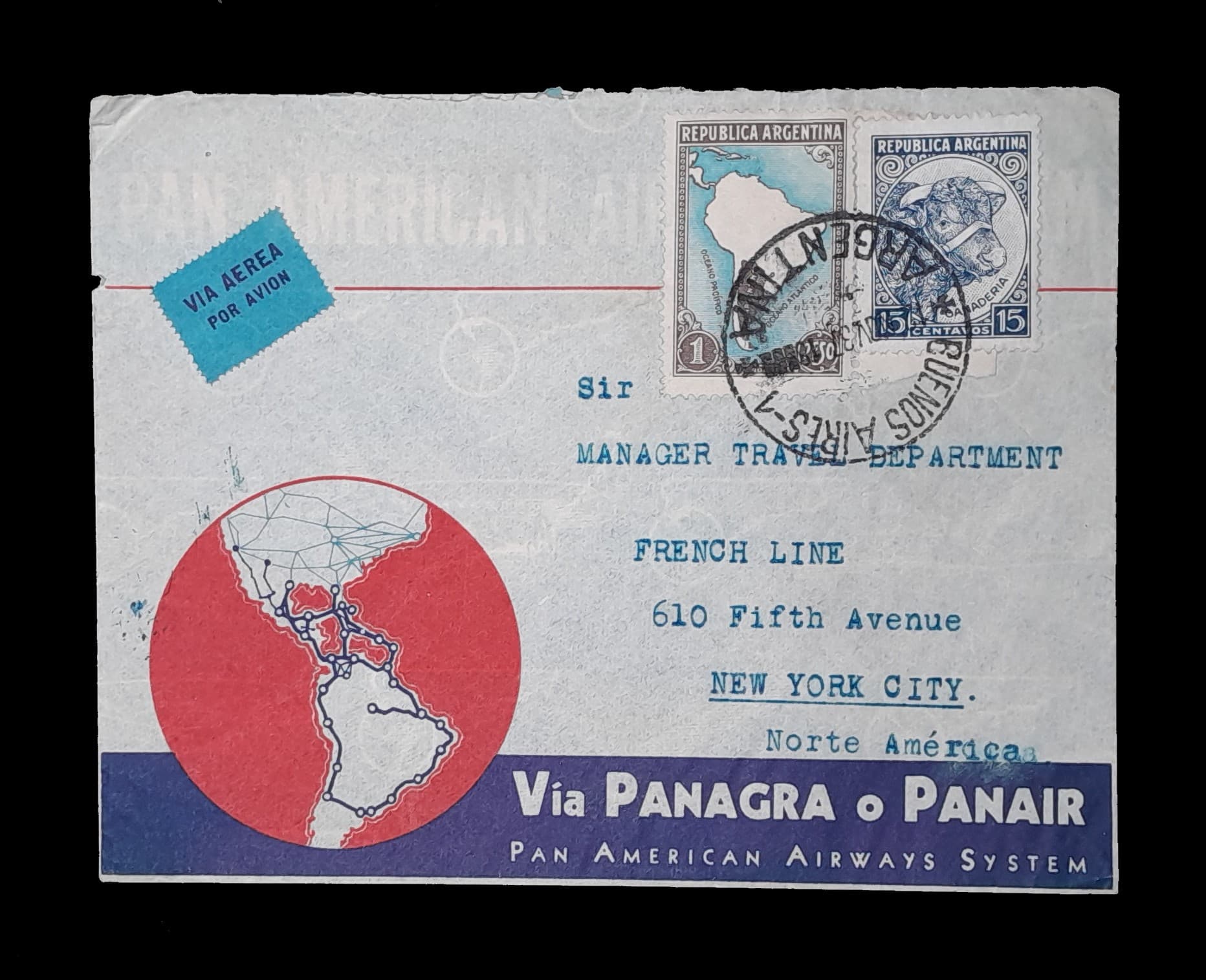 Argentina Sobre Aereo circulado a Estados Unidos 1937