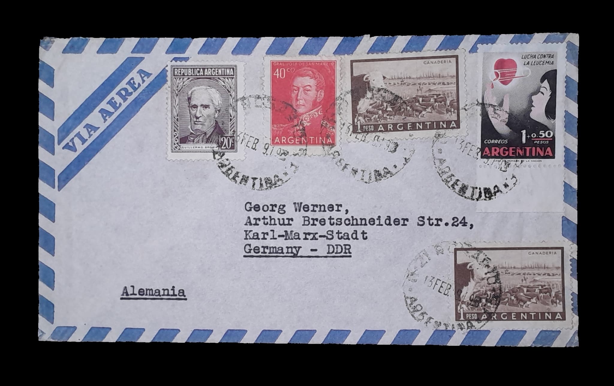 Argentina Sobre Aèreo circulado a Alemania Oreintal 1959